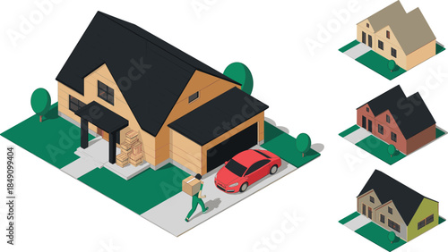 Isometric home delivery illustration, modern suburban house, courier carrying parcel, residential logistics service, ecommerce shipping, doorstep delivery concept