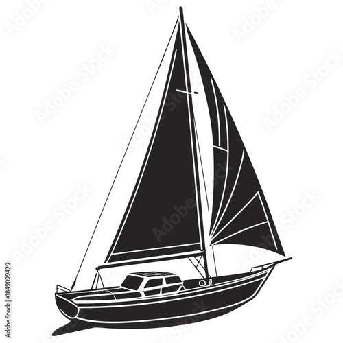 Sailboat with large sail on water nautical illustration for design and art
