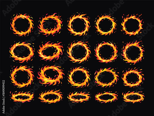 Vibrant flame rings in various sizes on black background