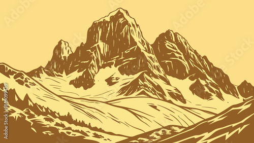 Majestic Mountain Range Illustration Brown Tone Nature Landscape Art
