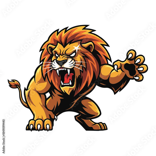 Aggressive angry lion mascot ready to attack, depicted in a stylized flat 2D sports team vector illustration, emphasizing fierce competition and predatory power isolated on a clean white background.