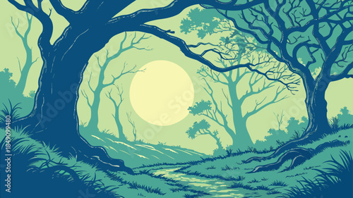 Enchanted Forest Pathway with Full Moon and Twisted Trees