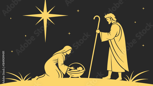 Nativity Scene Illustration with Mary Joseph and Baby Jesus under Starry Night Sky