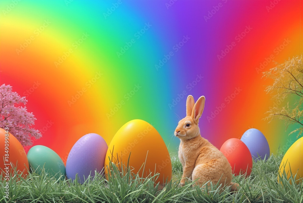 Fototapeta premium Easter bunny sitting in lush green grass, huge vibrant colored eggs arranged around the spring landscape, rainbow gradient background, festive scene