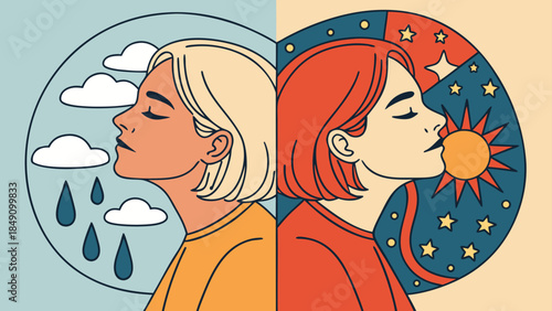 Illustration of two women in contrasting scenes of weather and celestial elements