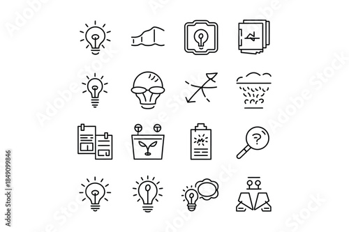 Collection of minimalist icons related to ideas, energy, and problem-solving.