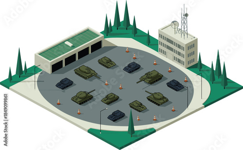 Isometric military base illustration, armored tank parking area, army training ground, defense vehicles, tactical operations, security infrastructure concept