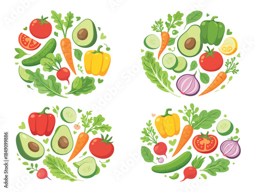 Vibrant vegetable medley with fresh fruits and greens arrangement