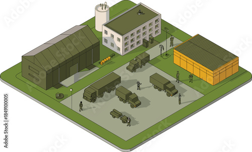Isometric military base illustration, army logistics compound, tactical vehicles, defense infrastructure, training facility, security operations, strategic command center