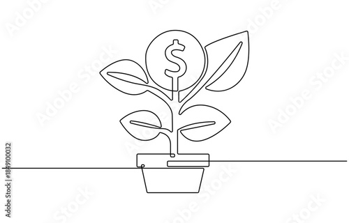Money plant in One Continuous line drawing.