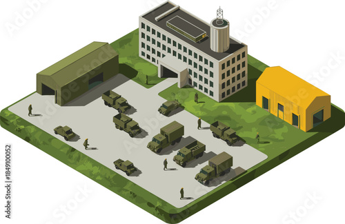 Isometric military base illustration, army logistics compound, tactical vehicles, defense infrastructure, training facility, security operations, strategic command center