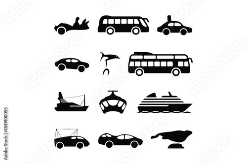 Diverse collection of transportation icons in black silhouette, including cars, buses, ships, and more.