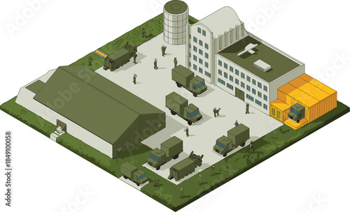 Isometric military base illustration, army logistics compound, tactical vehicles, defense infrastructure, training facility, security operations, strategic command center