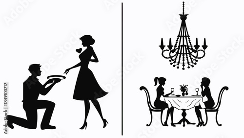 Romantic Couple Silhouettes Proposing and Dining Under Chandelier