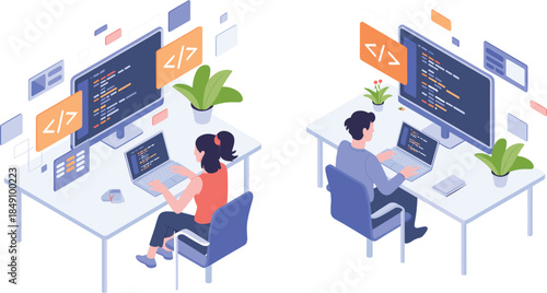 Isometric software development illustration, programmers coding at desks, web programming screens, teamwork concept, modern IT workplace, technology collaboration