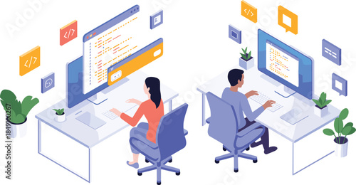 Isometric software development illustration, programmers coding at desks, web programming screens, teamwork concept, modern IT workplace, technology collaboration