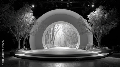 Surreal stage design with forest portal and trees