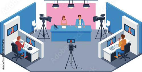 Isometric television studio illustration, live broadcast production, news anchors, video streaming setup, media control room, modern broadcasting technology