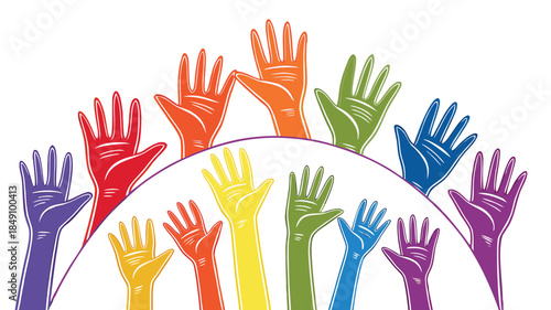 Colorful hands reaching up together symbolizing unity and diversity