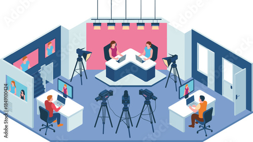Isometric television studio illustration, live news broadcast, video production team, camera setup, media control room, modern digital broadcasting