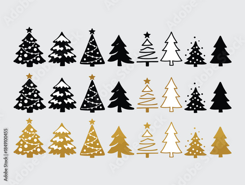 Various Christmas tree silhouettes in black, gold, and white for holiday designs