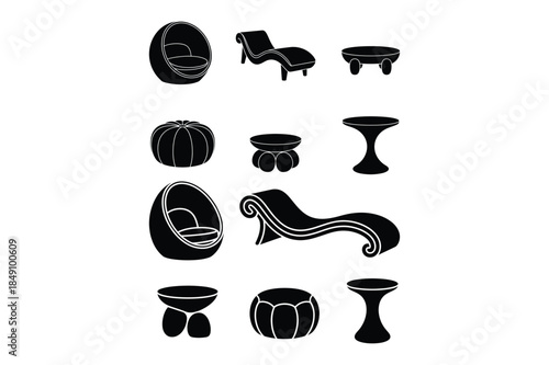Collection of modern and retro furniture silhouettes, including chairs, tables, and ottomans.