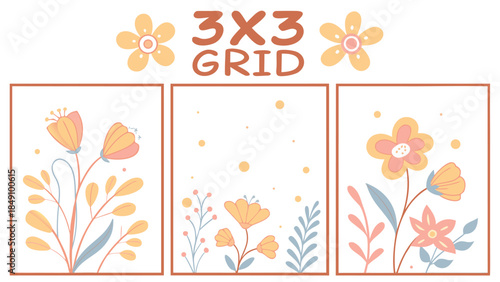 3x3 Grid Illustration with Floral Designs and Decorative Elements