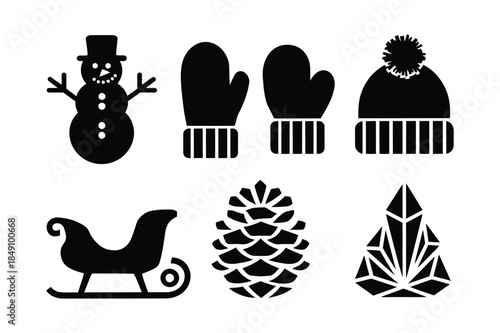 Black and white icons representing winter holiday elements: snowman, mittens, hat, sleigh, pinecone, tree.