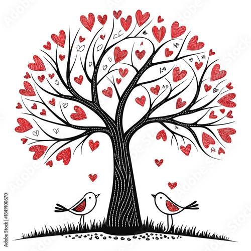 Illustrated tree with heartshaped leaves and two birds on a grassy field