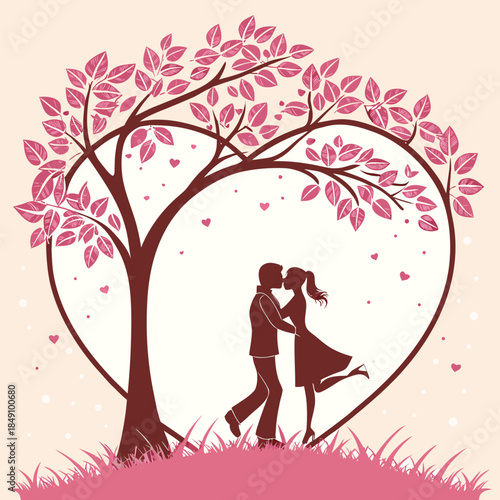 Romantic Couple Embracing Under HeartShaped Tree in Nature