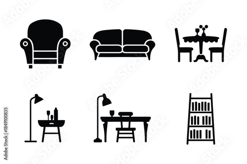 Set of black silhouette icons for home furnishings: armchair, sofa, dining set, tables, and bookshelf.