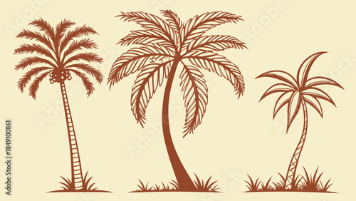 Illustrations of Tropical Palm Trees with Detailed Fronds and Trunks