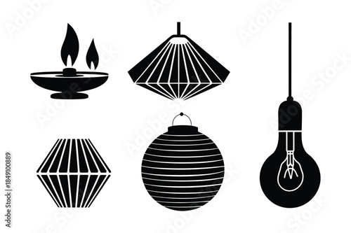 Set of vector silhouette icons of various lamps and lights including oil lamp, lantern, and lightbulb.