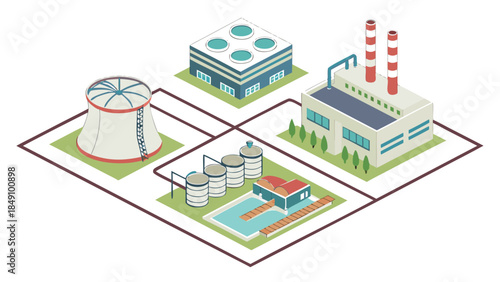 Illustration of industrial complex with nuclear reactor and factory buildings