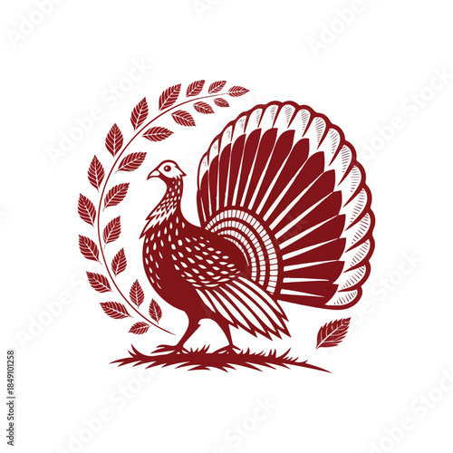 Vector illustration of red silhouette of a turkey with its tail feathers spread for thanksgiving