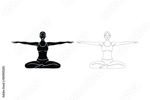 Two silhouettes of women in a yoga pose, one solid black, one line art.