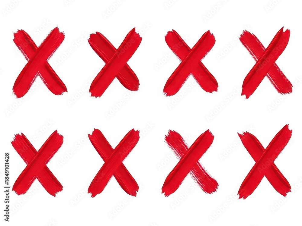 Obraz premium Eight red brush stroke x marks in two rows on white background