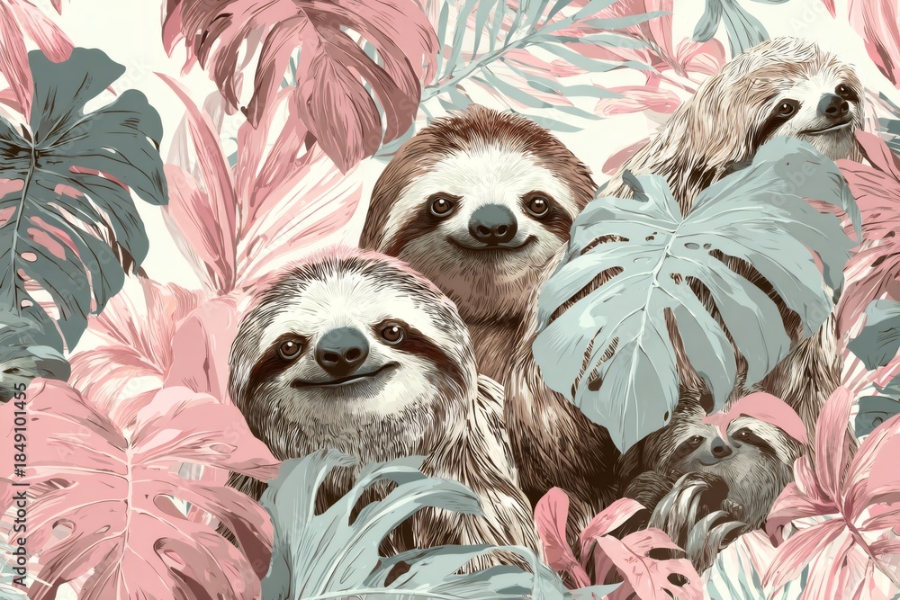 Obraz premium Charming seamless pattern of adorable sloths peeking from lush pink and green tropical leaves for wallpaper, textile, and wrap designs