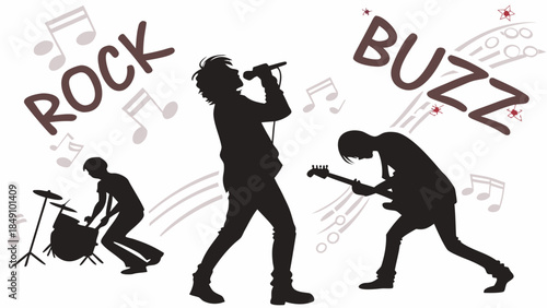 Silhouette of Rock Band Performing on Stage with Drums and Guitar