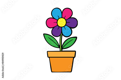 A bright multicolor flower in a simple pot, perfect for playful spring themes, kids decor, stickers, posters, and cheerful floral design projects.