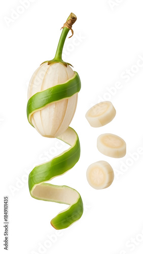Fresh peeled eggplant with spiral green peel and sliced rounds isolated on white background, perfect for cooking or healthy recipes
