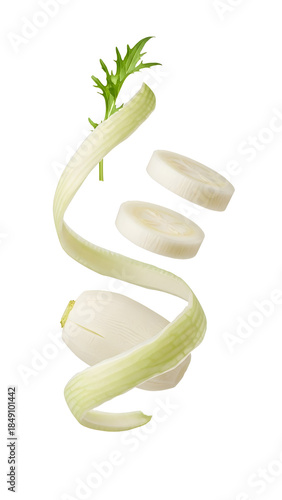 Fresh peeled celery stalk with two celery slices and green leaves isolated on white background, perfect for cooking and healthy recipes