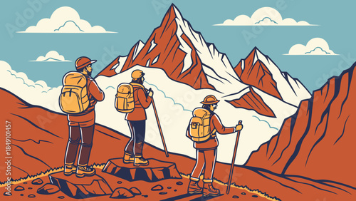 Hikers on Mountain Trail with Backpacks and Trekking Poles in Snowy Peaks