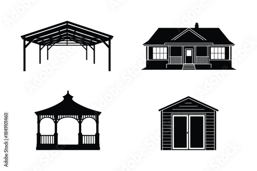 Architectural silhouette icons: carport, house, gazebo, and shed.