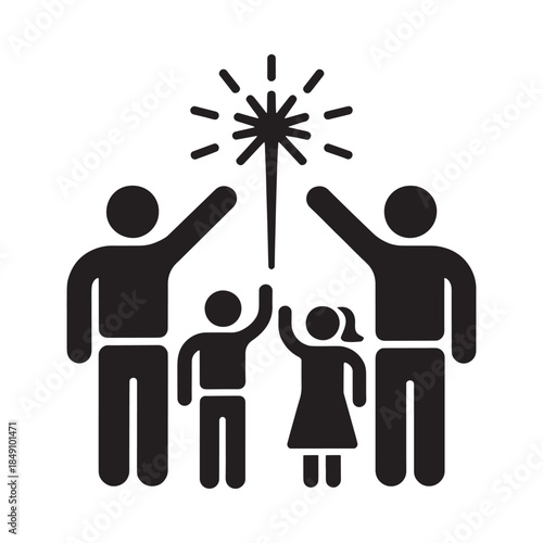 Family celebrating with a sparkler arms raised in joyful excitement