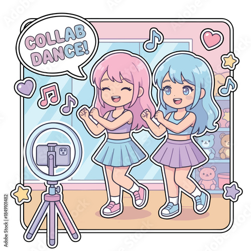 A cute kawaii sticker of two happy girls recording a synchronized dance collaboration video for social media