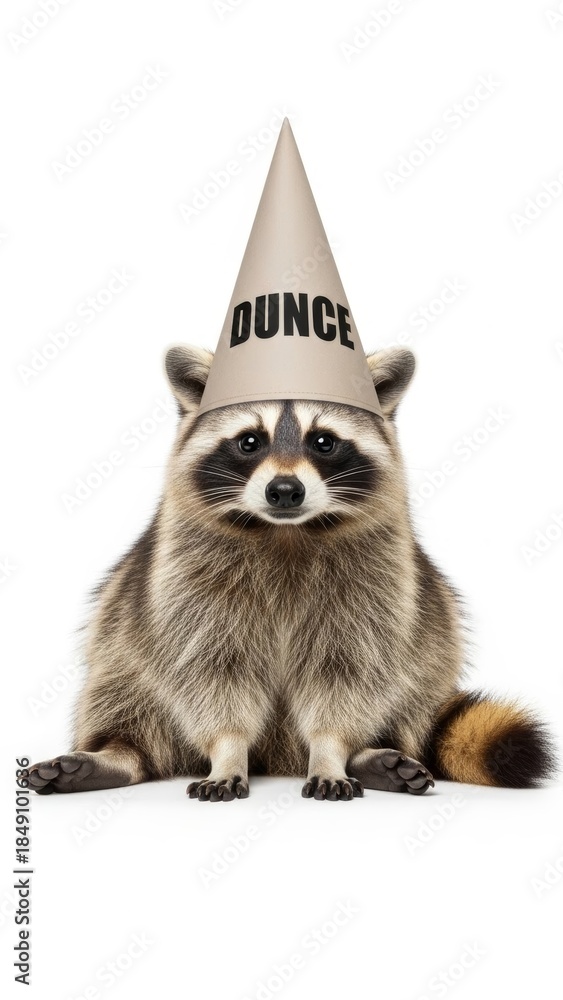 Obraz premium raccoon wearing a dunce cap hat, dim, dumb, stupid, on a white background, animal photo