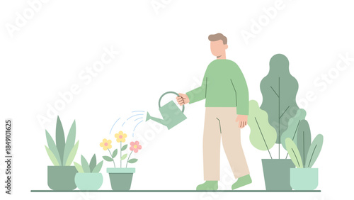 Person Watering Plants in Spring Garden Modern Flat Vector Illustration