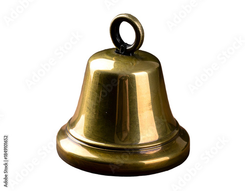 An isolated, antique-finished brass bell with a black hanging loop
