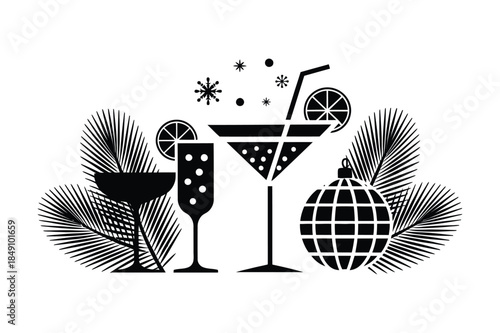 Tropical cocktail party scene silhouette with martini glasses, disco ball, and palm leaves.
